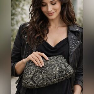 Club Monaco statement clutch silver metal disc overlay, chainmail look  12”L